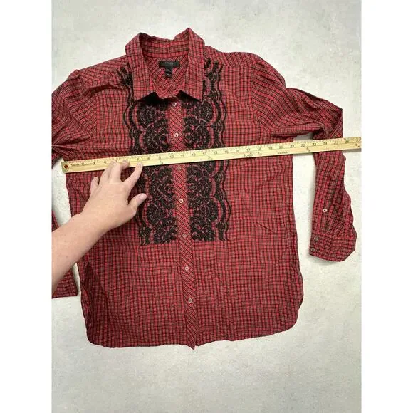 J Crew Shirt Womens 12P Embroidered Beaded Plaid Red Classic Holiday 100% Cotton - Picture 6 of 9